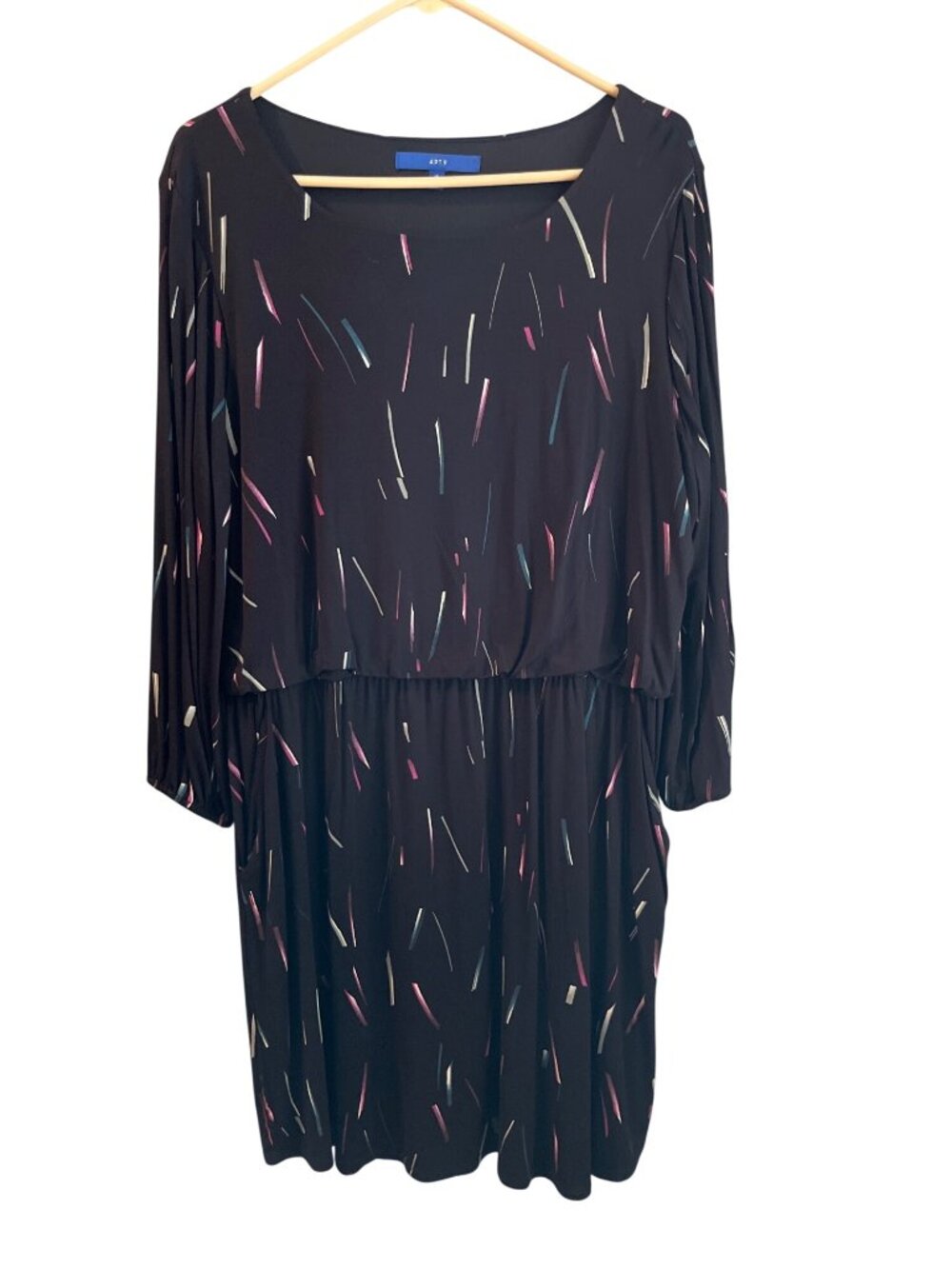 Apt. 9 Women’s XL Black Print Dress Stretch Elastic Waist Pockets 3/4 Sleeve Use